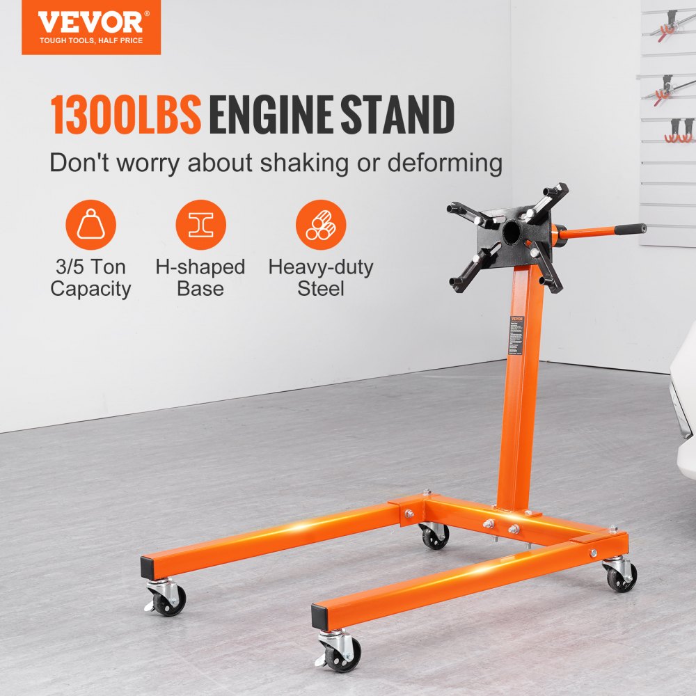 Engine Stand, 1300 lbs (3/5 Ton) Rotating Engine Motor Stand with 360 Degree Adjustable Head, Cast Iron Motor Hoist Dolly, 4-Caster, 4 Adjustable Arms, for Vehicle Maintenance, Auto Repair