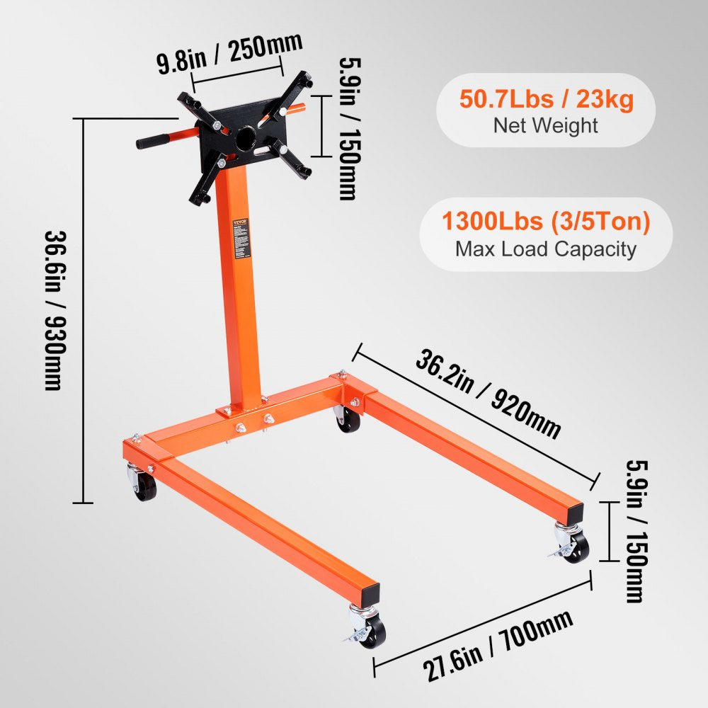 Engine Stand, 1300 lbs (3/5 Ton) Rotating Engine Motor Stand with 360 Degree Adjustable Head, Cast Iron Motor Hoist Dolly, 4-Caster, 4 Adjustable Arms, for Vehicle Maintenance, Auto Repair