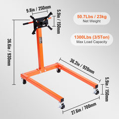 Engine Stand, 1300 lbs (3/5 Ton) Rotating Engine Motor Stand with 360 Degree Adjustable Head, Cast Iron Motor Hoist Dolly, 4-Caster, 4 Adjustable Arms, for Vehicle Maintenance, Auto Repair