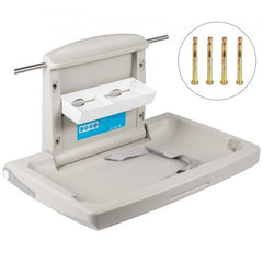 Gray wall-mounted baby changing station made of durable HDPE with safety belt and storage holders.