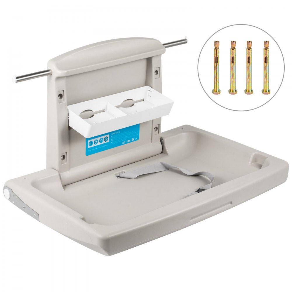 Gray HDPE wall-mounted baby changing station with adjustable safety belt and integrated storage.
