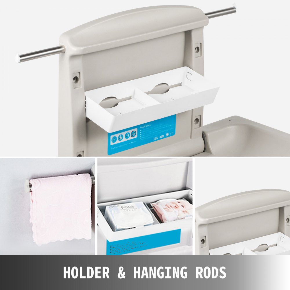 Gray wall-mounted baby changing station made of durable HDPE with safety belt and storage holders.