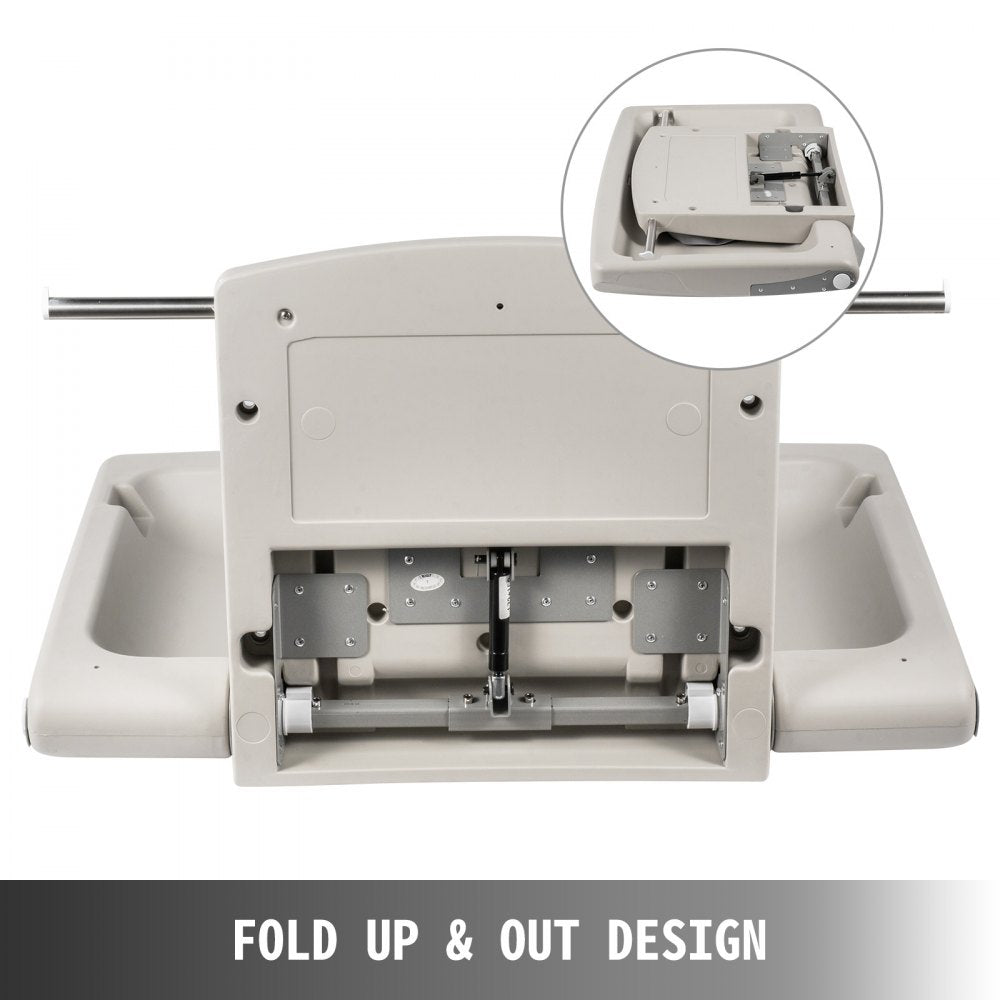 Gray wall-mounted baby changing station made of durable HDPE with safety belt and storage compartments.