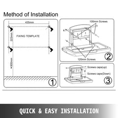 Gray HDPE wall-mounted baby changing station with safety belt and integrated storage compartments.