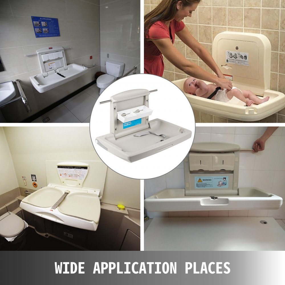 Gray wall-mounted baby changing station made of durable HDPE with safety belt and storage features.