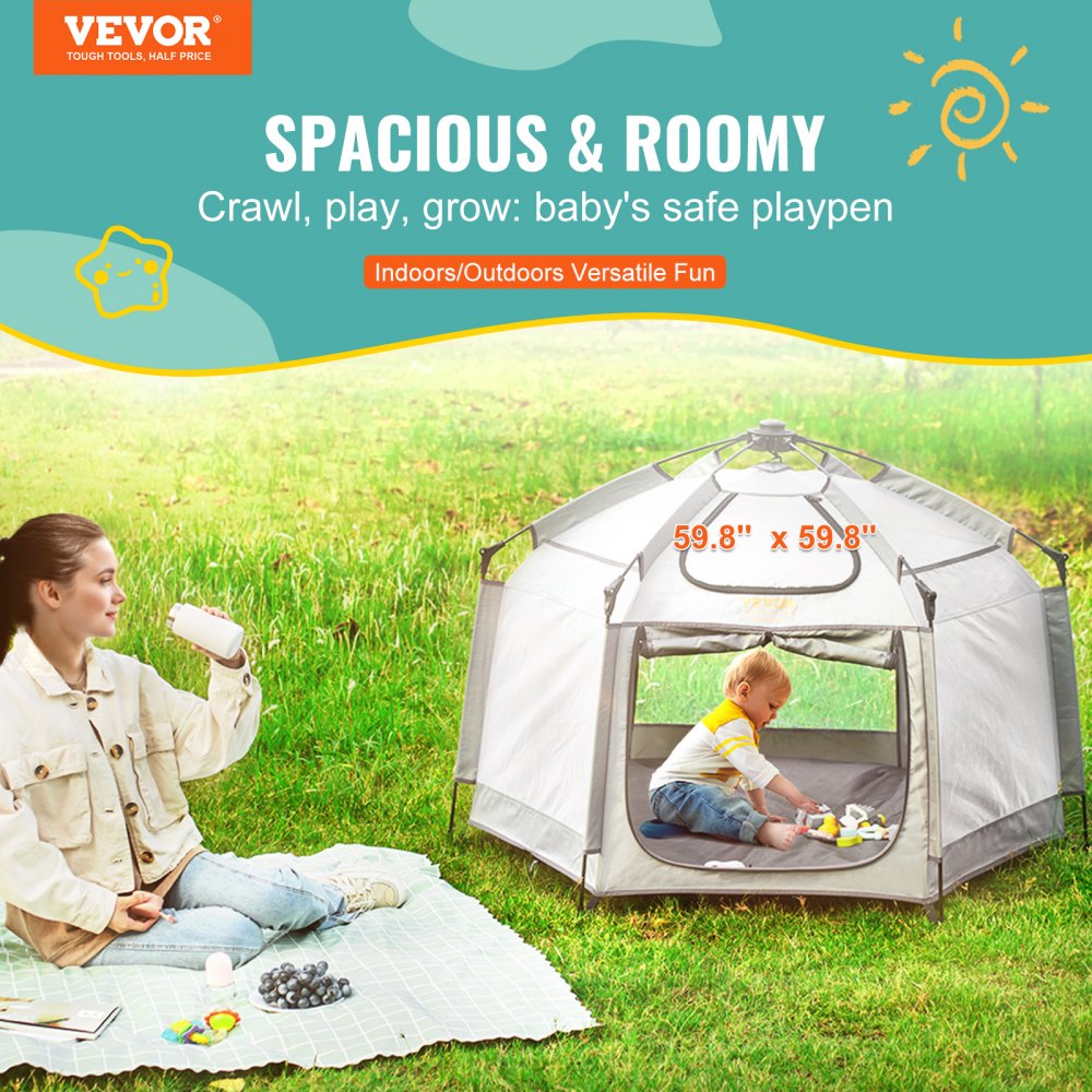 Baby Playpen with Canopy, Indoor/Outdoor Portable Playpen for Babies and Toddler, Lightweight & Foldable, Pop Up Toddler Play Yard with 3 Sun-Shades & Travel Bag for Park Beach Home, 59.8"x59.8"