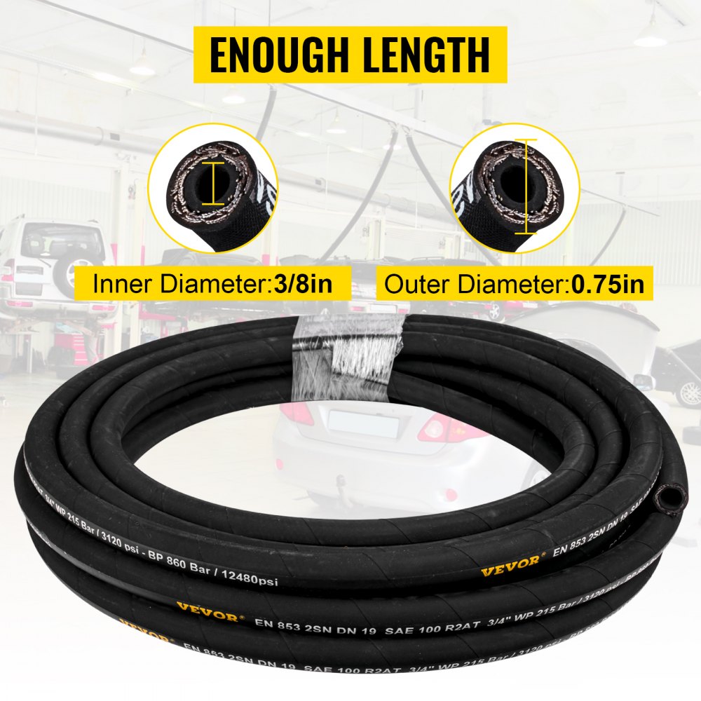 Bostome 3/8" x 50ft hydraulic hose with 2-wire braid, rated for 4800 PSI, in rubber.
