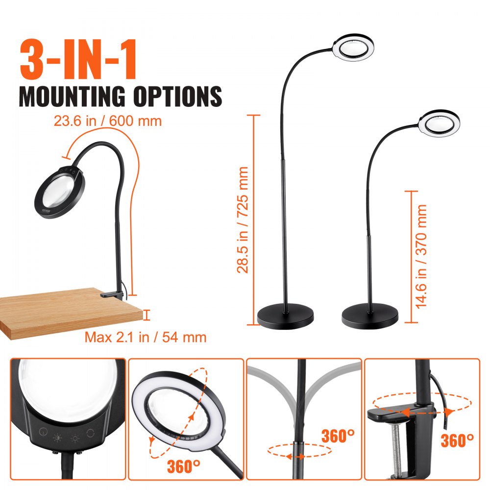 5X Floor Magnifying Glass with Light and Stand Flexible Gooseneck LED