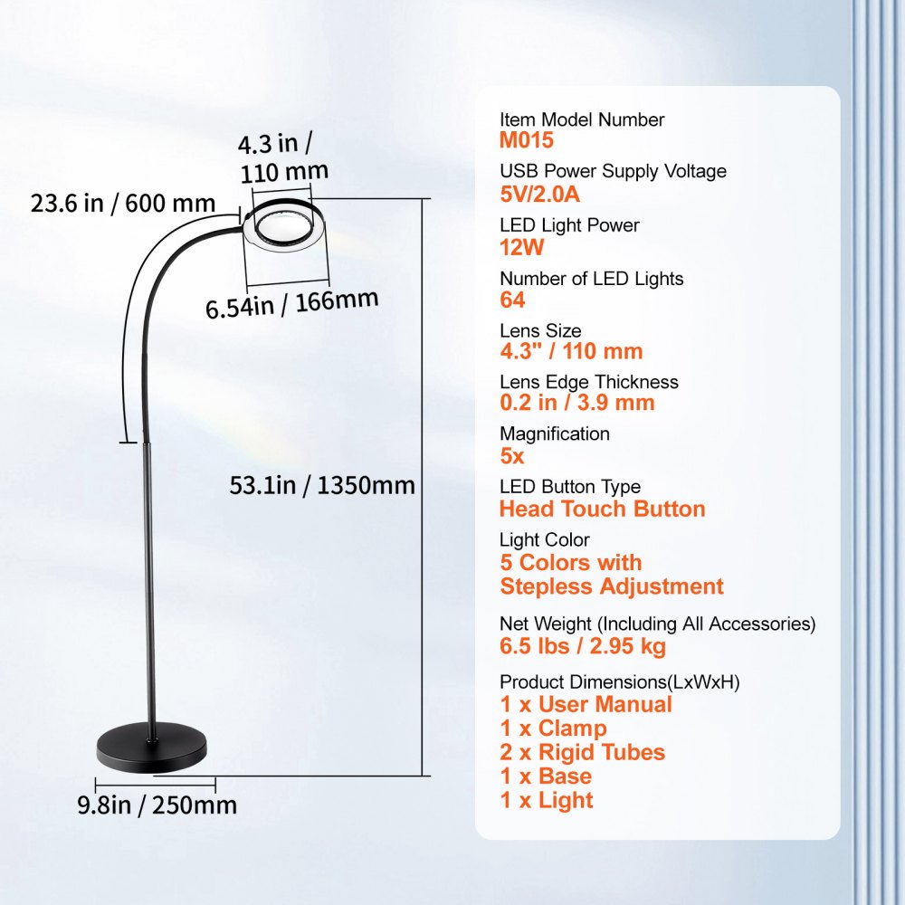 5X Floor Magnifying Glass with Light and Stand Flexible Gooseneck LED