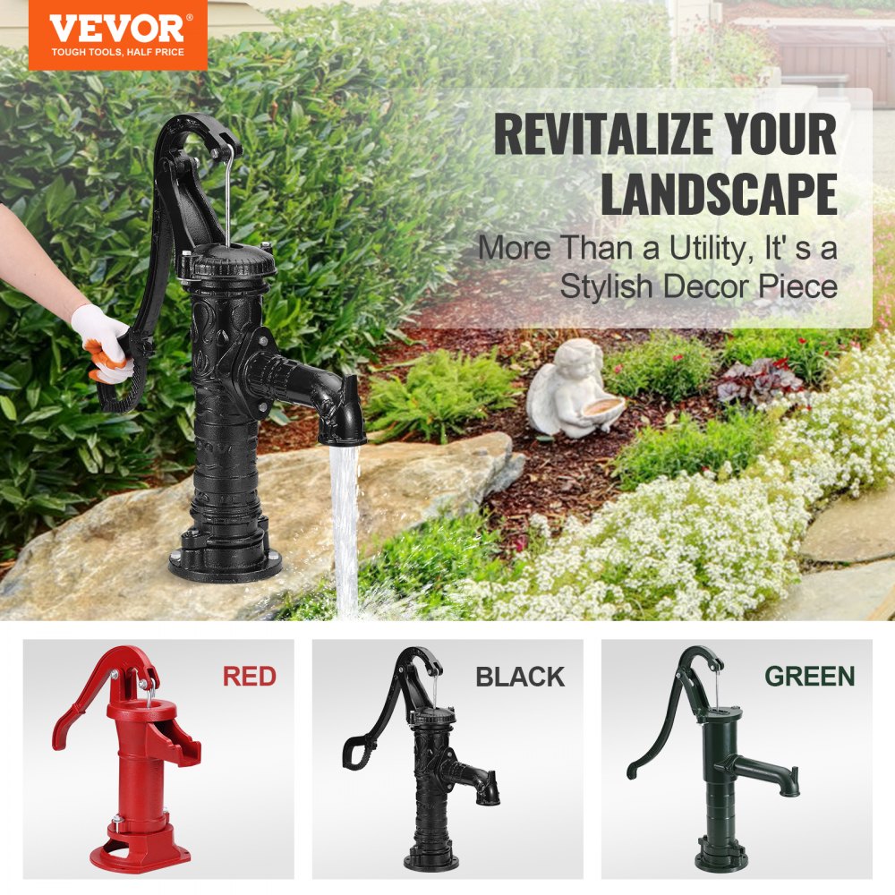 Antique Hand Water Pump 14.6 x 5.9 x 25.6 inch Pitcher Pump w/Handle Cast Iron Well Pump w/ Pre-set 0.5" Holes for Easy Installation Old Fashion Pitcher Hand Pump for Yard Ponds Garden Black