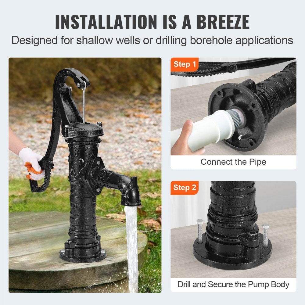 Antique Hand Water Pump 14.6 x 5.9 x 25.6 inch Pitcher Pump w/Handle Cast Iron Well Pump w/ Pre-set 0.5" Holes for Easy Installation Old Fashion Pitcher Hand Pump for Yard Ponds Garden Black