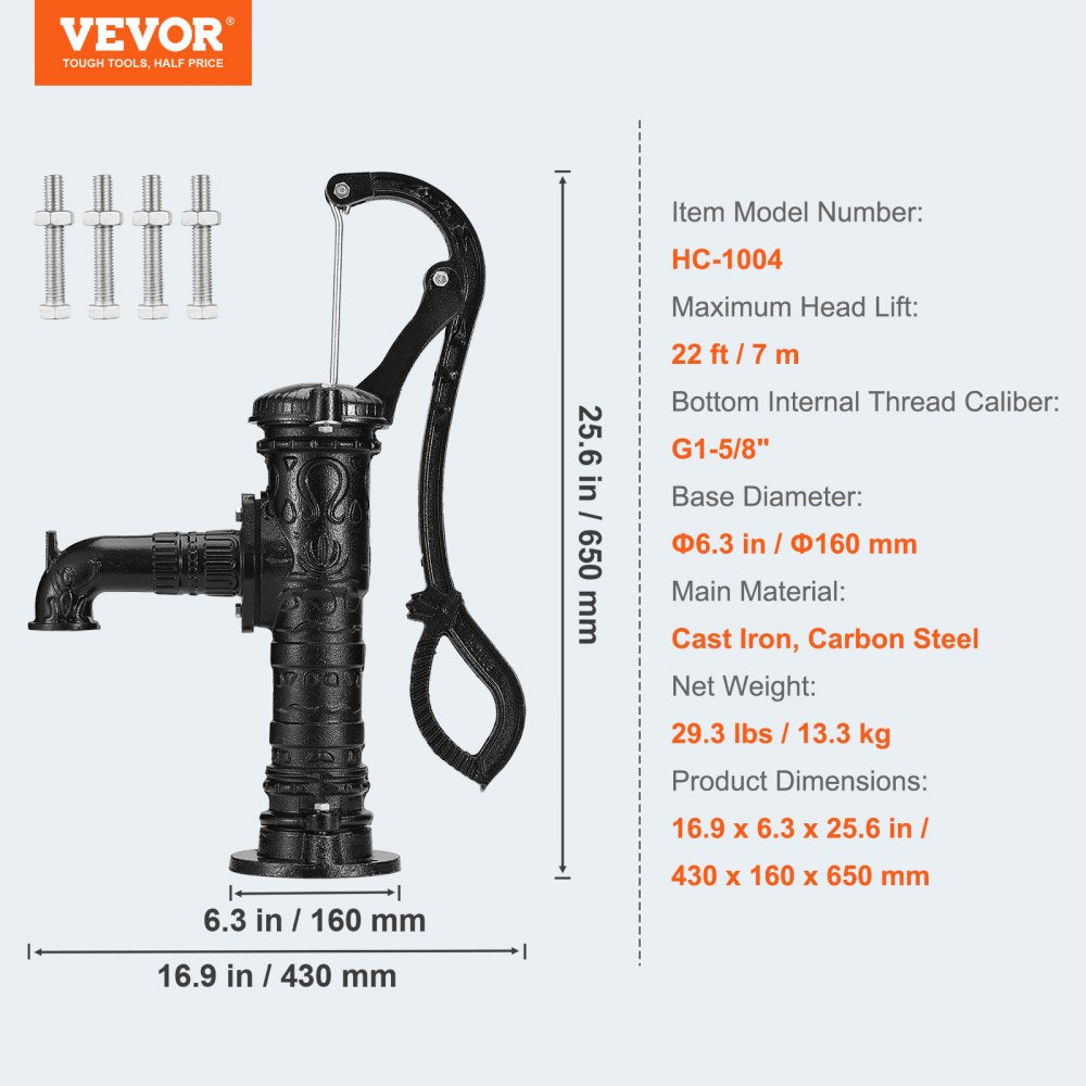 Antique Hand Water Pump 14.6 x 5.9 x 25.6 inch Pitcher Pump w/Handle Cast Iron Well Pump w/ Pre-set 0.5" Holes for Easy Installation Old Fashion Pitcher Hand Pump for Yard Ponds Garden Black