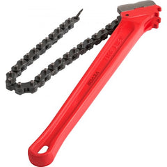 A red 36-inch Bostome heavy duty chain pipe wrench with a 4-1/2 to 7-1/2 inch capacity.