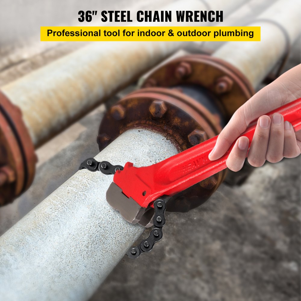 A 36-inch heavy duty chain pipe wrench with red handle gripping a large metal pipe.