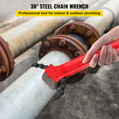 A 36-inch heavy duty chain pipe wrench with red handle gripping a large metal pipe.