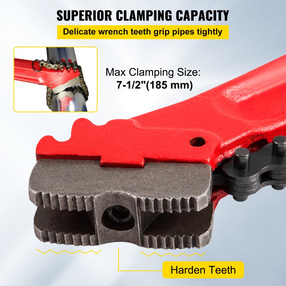 Red 36-inch chain pipe wrench with hardened teeth for gripping pipes up to 7-1/2 inches.
