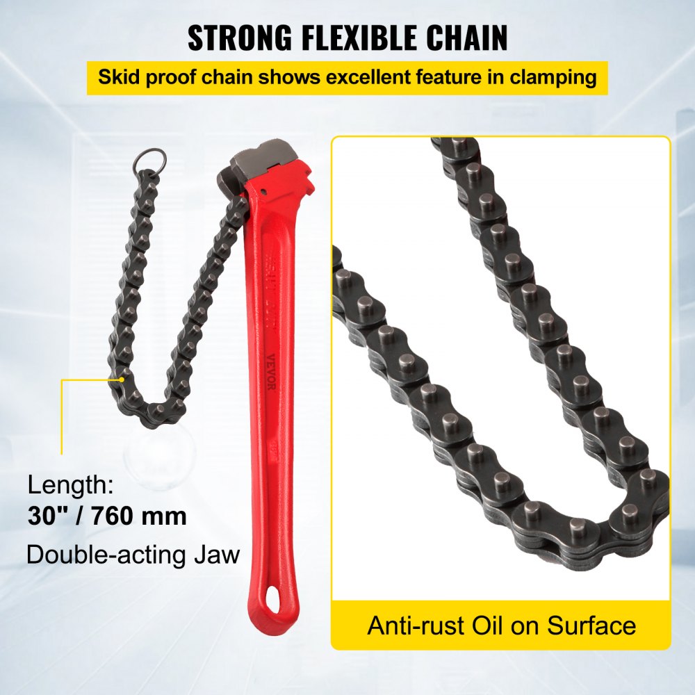 36-inch heavy duty chain pipe wrench with red handle and black chain, 4-1/2 to 7-1/2 inch capacity.