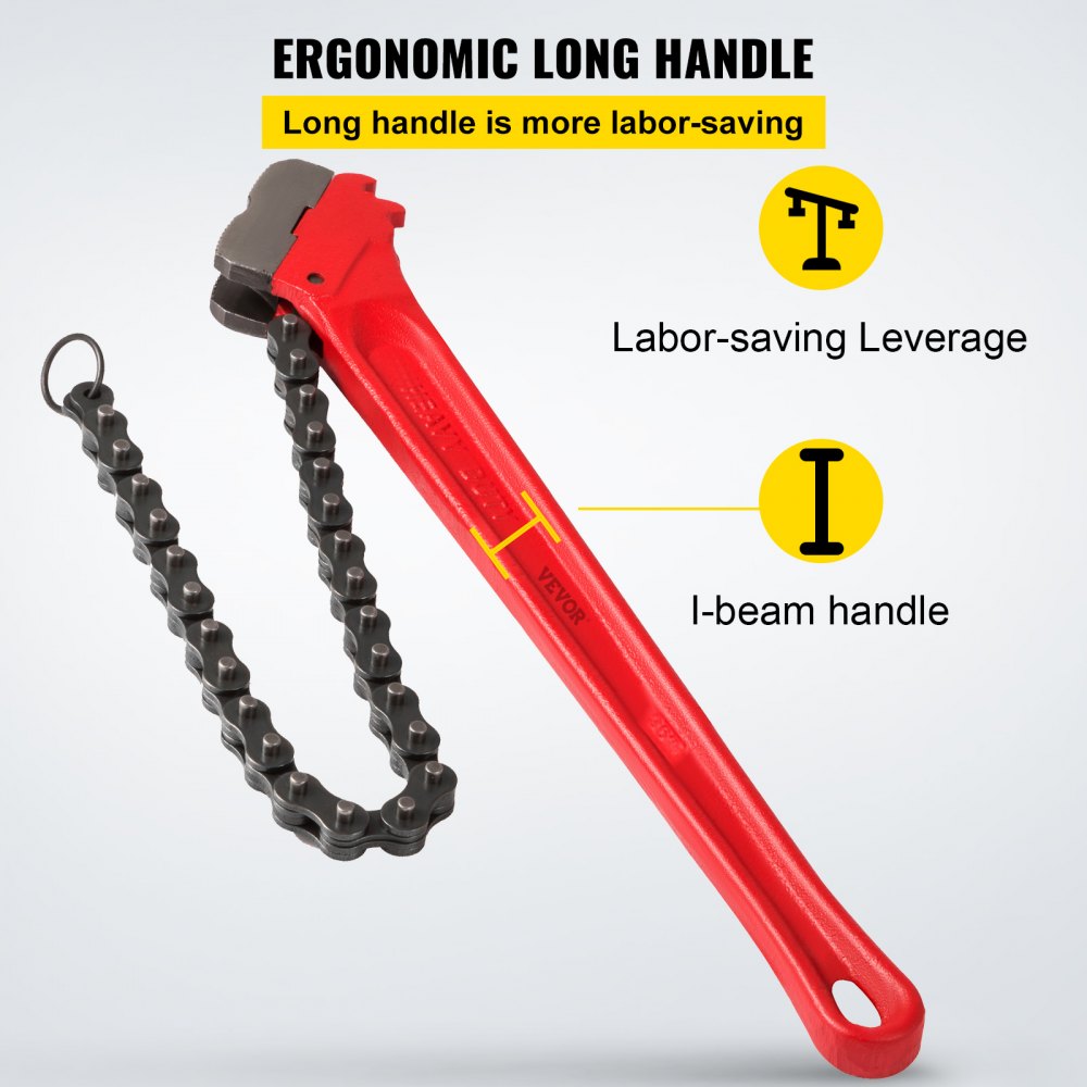A 36-inch red heavy-duty chain pipe wrench with ergonomic I-beam handle and chain for gripping 4.5 to 7.5-inch pipes.