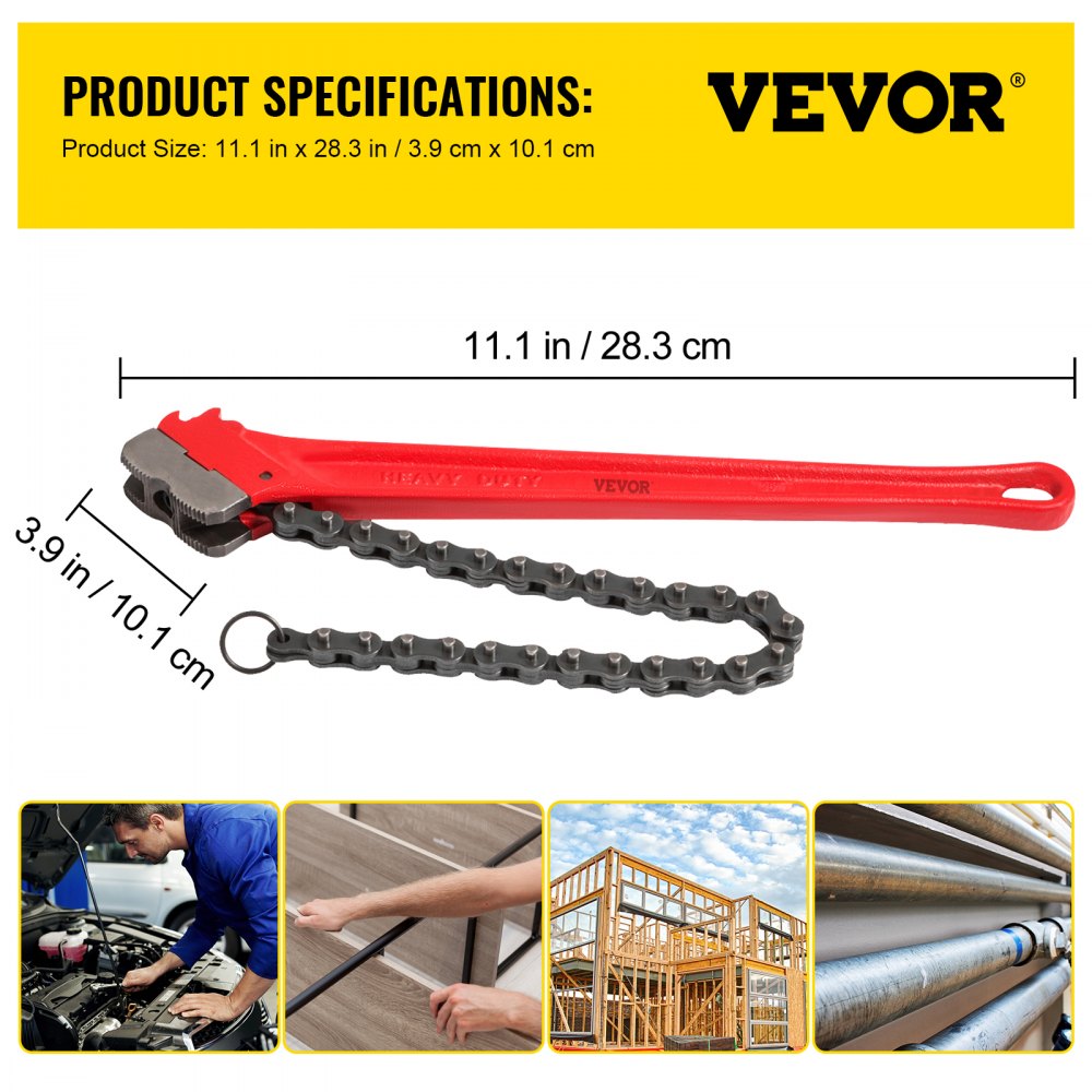A 36-inch red-handled heavy-duty chain pipe wrench with a 11.1-inch chain for gripping 4.5 to 7.5-inch pipes.