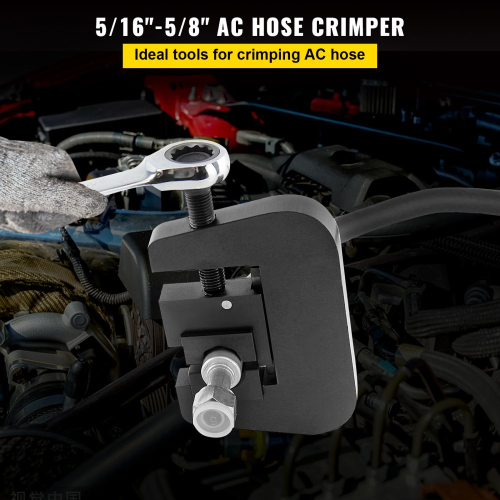 Manual A/C hose crimper kit with 4 dies for 5/16-5/8 inch hoses, shown in use.