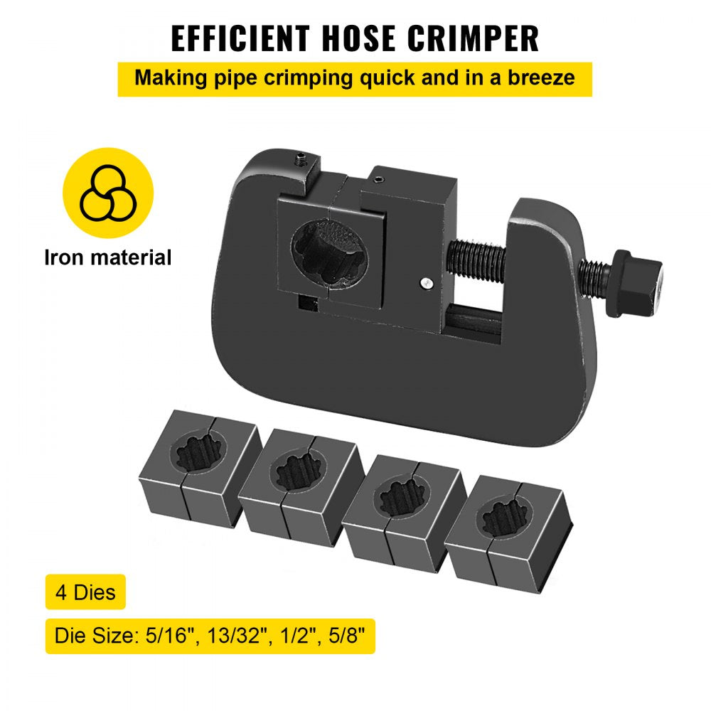 Manual A/C hose crimper kit with black iron tool and four dies for sizes 5/16" to 5/8".