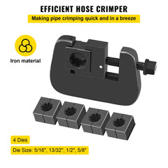 Manual A/C hose crimper kit with black iron tool and four dies for sizes 5/16" to 5/8".