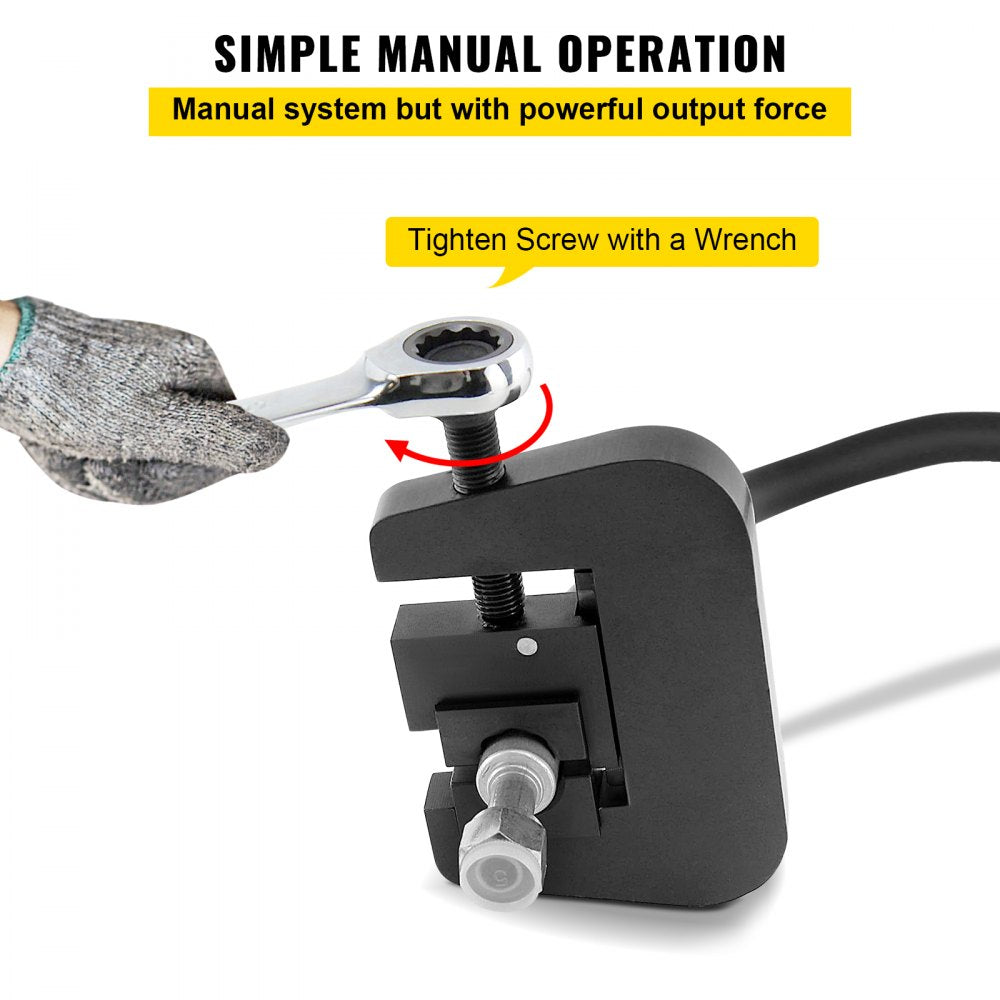 Manual A/C hose crimper kit showing hand tightening screw with wrench on black tool.