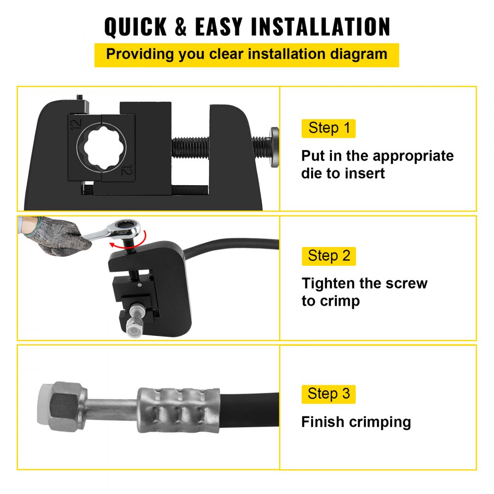 Three-step diagram showing manual crimping of A/C hoses using Bostome kit with dies.