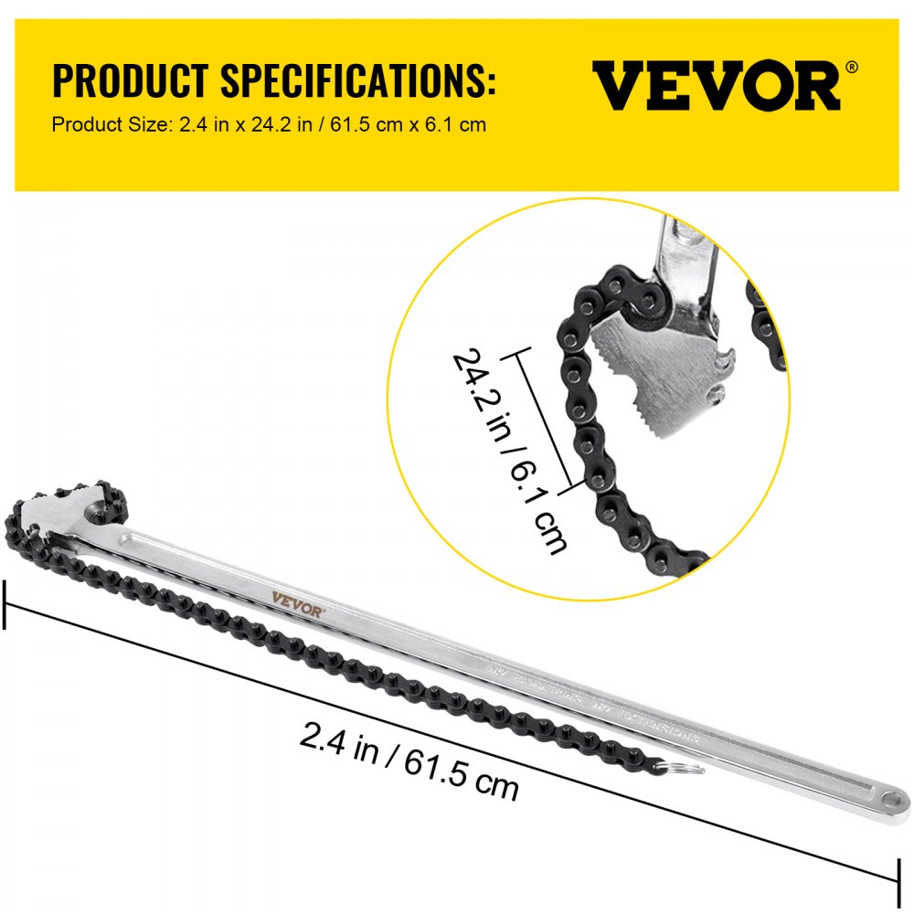 24inch Chain Wrench Carbon Steel Chain Pipe Wrench Heavy Duty 6.7inch Diameter Capacity Chain Strap Filter Wrench