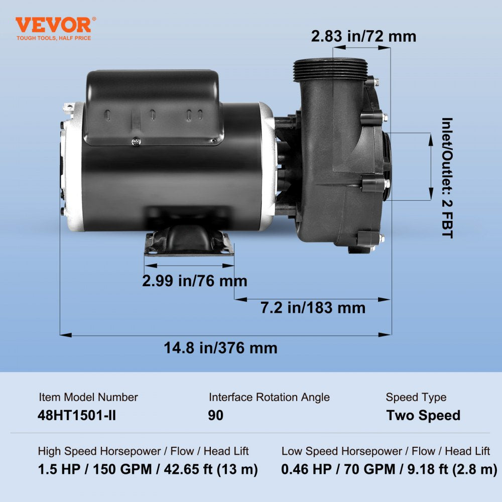 2 Speed SPA Pump, 48-Frame, AC 110-120V Hot Tub SPA Pump, 1.5HP/150GPM/42.65ft High Speed or 0.46HP/70GPM/9.18ft Low Speed, 2" Port 90° Rotational Interface for Hot Tub, Tested to UL Standards