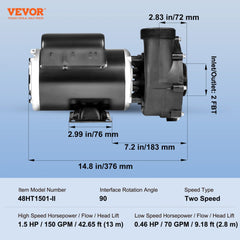2 Speed SPA Pump, 48-Frame, AC 110-120V Hot Tub SPA Pump, 1.5HP/150GPM/42.65ft High Speed or 0.46HP/70GPM/9.18ft Low Speed, 2" Port 90° Rotational Interface for Hot Tub, Tested to UL Standards