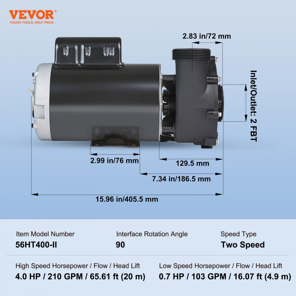 2 Speed SPA Pump, 56-Frame, AC 220-240V Hot Tub SPA Pump, 4HP/210GPM/65.61ft High Speed or 0.7HP/103GPM/16.07ft Low Speed, 2" Port 90° Rotational Interface for Hot Tub, Tested to UL Standards