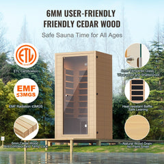Far Infrared Wooden Sauna Room Home Spa for 1 to 2 Person 1400W