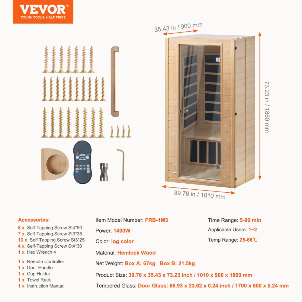 Far Infrared Wooden Sauna Room Home Spa for 1 to 2 Person 1400W