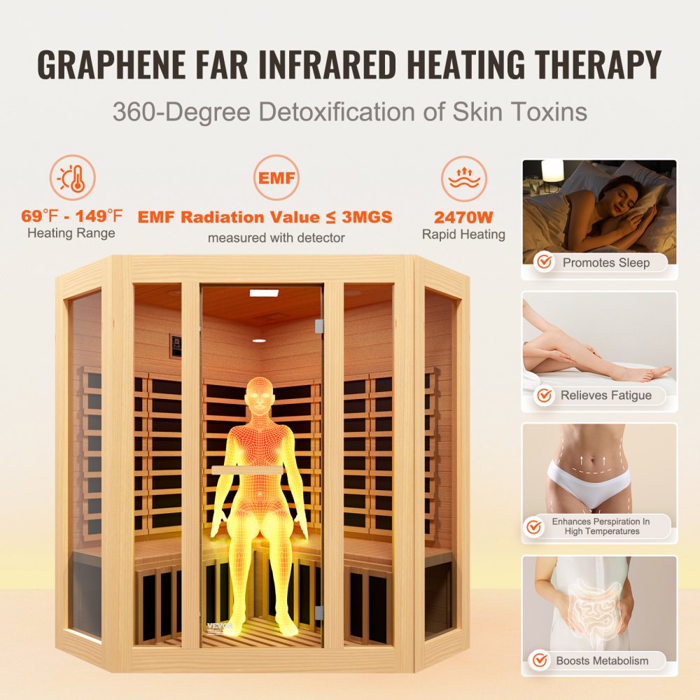 Far Infrared Wooden Sauna Room Home Sauna Spa for 3 to 4 Person 2470W