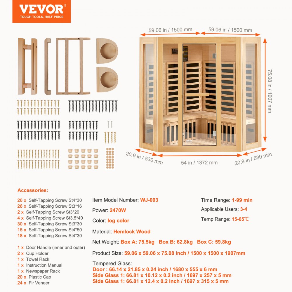 Far Infrared Wooden Sauna Room Home Sauna Spa for 3 to 4 Person 2470W