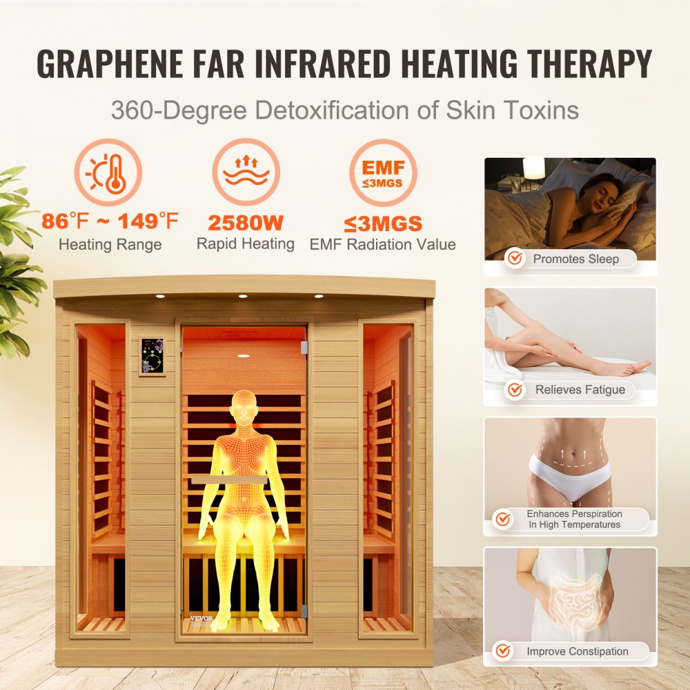 Far Infrared Wooden Sauna Room Home Sauna Spa for 3 to 4 Person 2580W