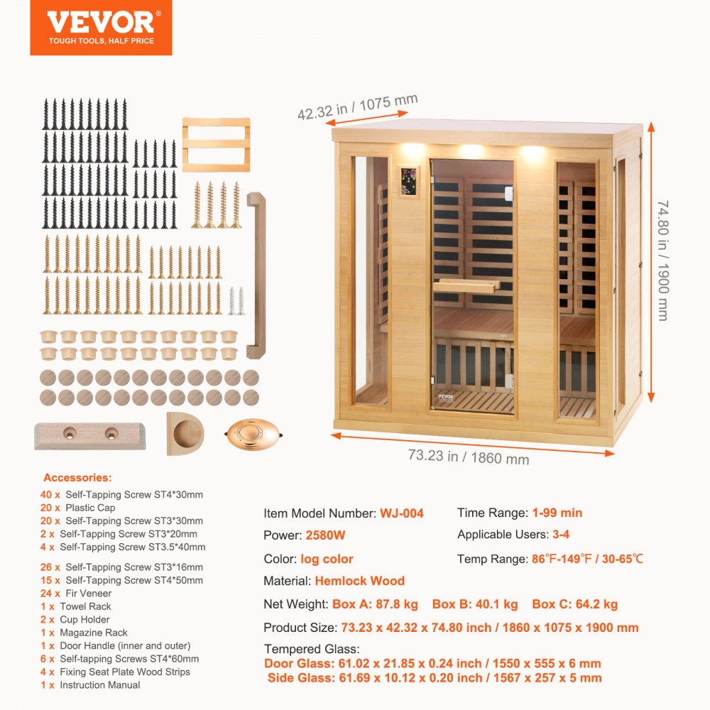 Far Infrared Wooden Sauna Room Home Sauna Spa for 3 to 4 Person 2580W