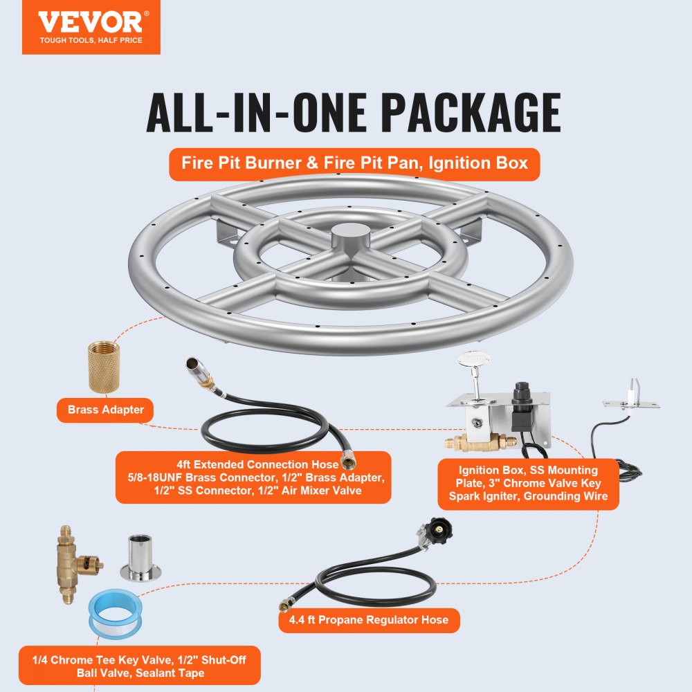 Round Drop-in Fire Pit Pan 12 inch, Stainless Steel Fire Pit Burner Kit, Natural & Propane Gas Fire Pan with 92,000 BTU for Indoor or Outdoor Use