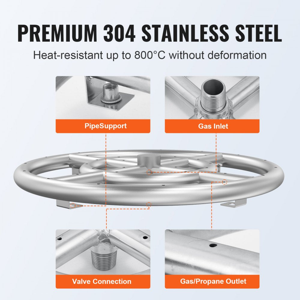 Round Drop-in Fire Pit Pan 12 inch, Stainless Steel Fire Pit Burner Kit, Natural & Propane Gas Fire Pan with 92,000 BTU for Indoor or Outdoor Use