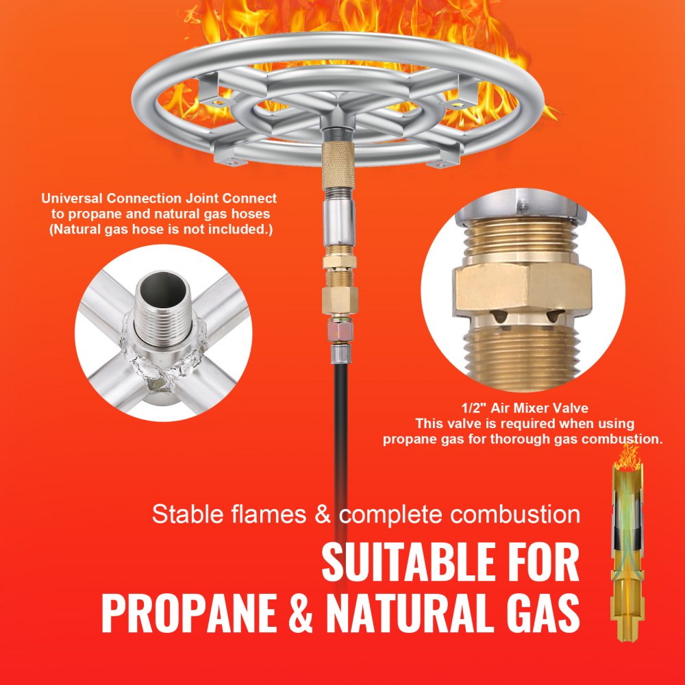 Round Drop-in Fire Pit Pan 12 inch, Stainless Steel Fire Pit Burner Kit, Natural & Propane Gas Fire Pan with 92,000 BTU for Indoor or Outdoor Use