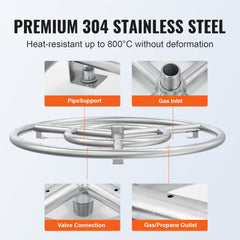 18 inch Round Drop-in Fire Pit Pan, Stainless Steel Fire Pit Burner Kit, Natural & Propane Gas Fire Pan with 150,000 BTU for Indoor or Outdoor Use
