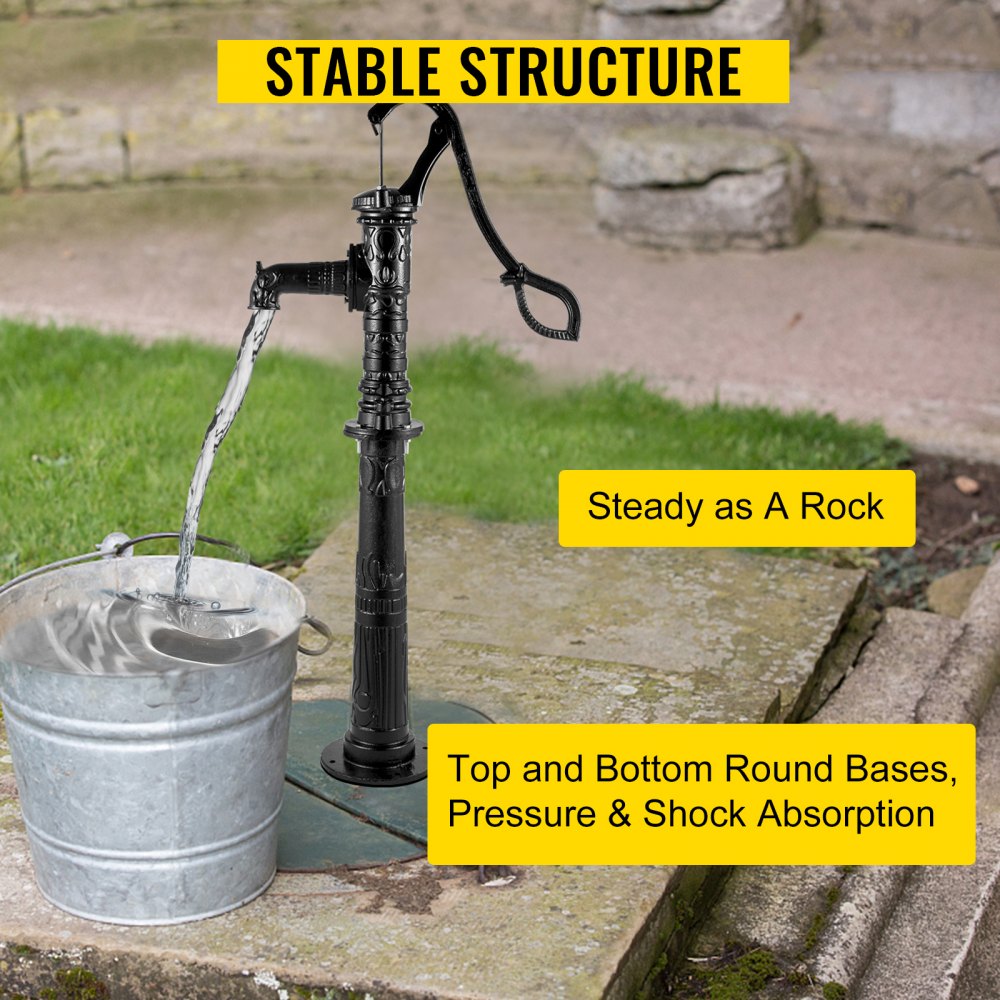 Antique Hand Water Pump Stand Pitcher Pump Stand Cast Iron Well Pump Stand w/Pre-set 0.5" Holes for Easy Installation Old Fashion Pitcher Hand Pump Stand for Home Yard Pond Garden Outdoors Black