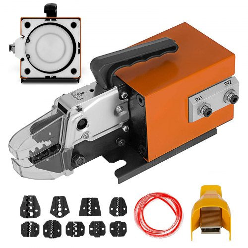 Bostome AM-10 pneumatic crimping tool with durable steel jaws and 10 interchangeable die sets.