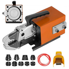 Bostome AM-10 pneumatic crimping tool with durable steel jaws and 10 interchangeable die sets.