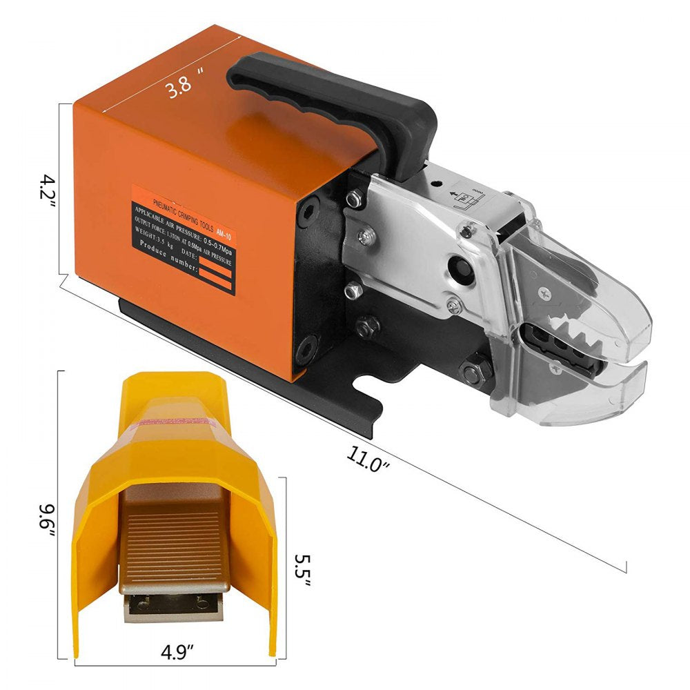 Air powered crimping tool with high-precision jaws and 10 interchangeable die sets.