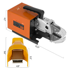 Air powered crimping tool with high-precision jaws and 10 interchangeable die sets.