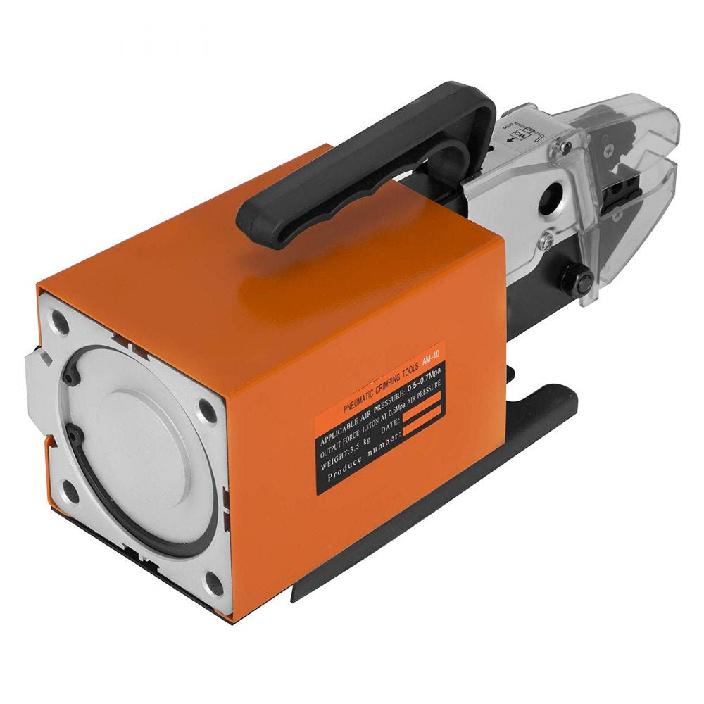 Air powered crimping tool with high-precision jaws and 10 interchangeable die sets.
