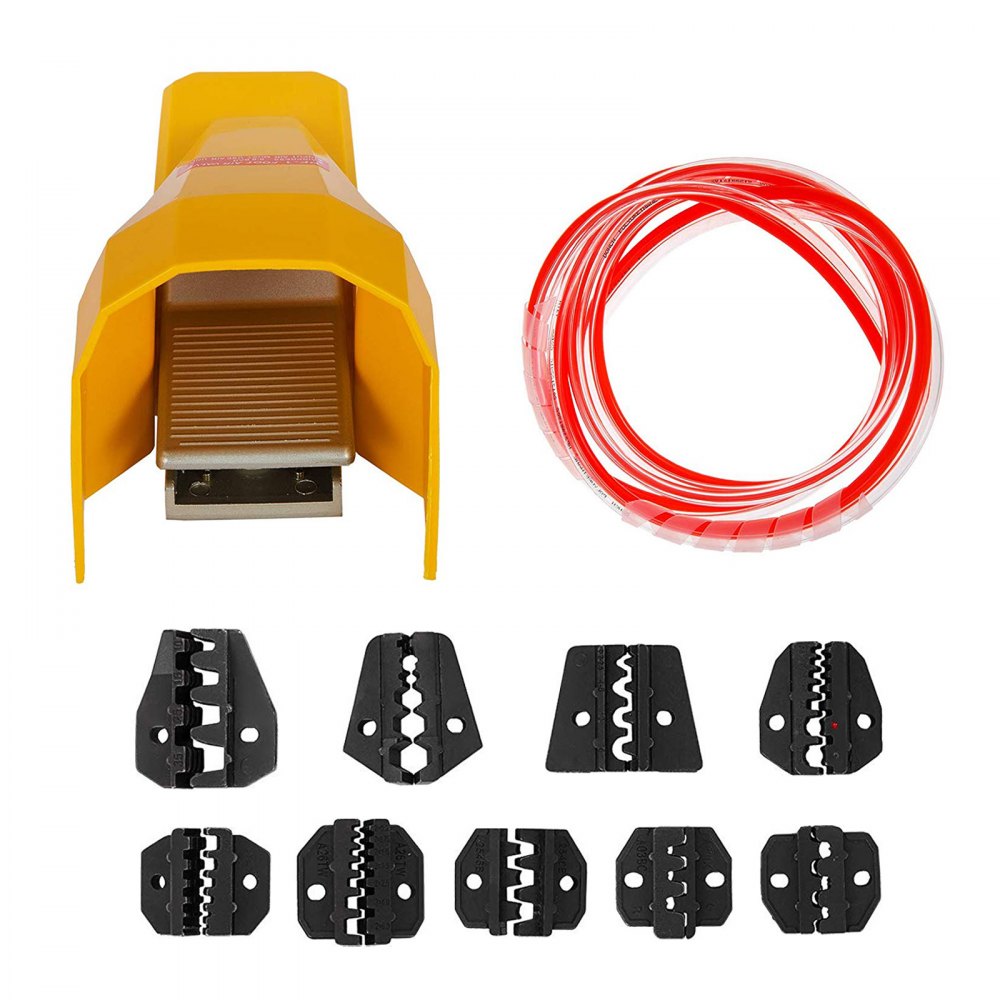 Air powered crimping tool with durable steel jaws and 10 interchangeable die sets for terminals.