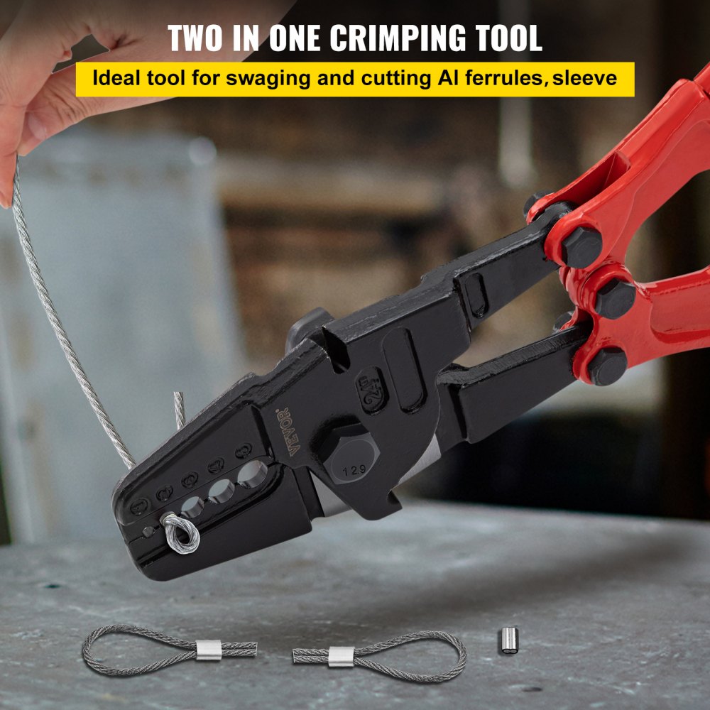 Bostome 24" hand swager crimper tool with five cavities for various wire rope sizes.